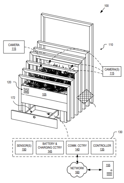 A patent drawing of the trap: cameras over stacked trays, with sensors, a battery, a controller and a link to the network