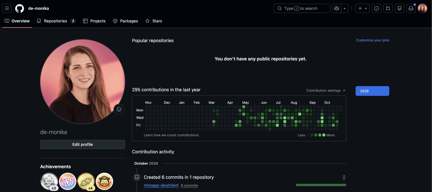 295 contributions in a year on her GitHub, and six commits in a Miro repository that October