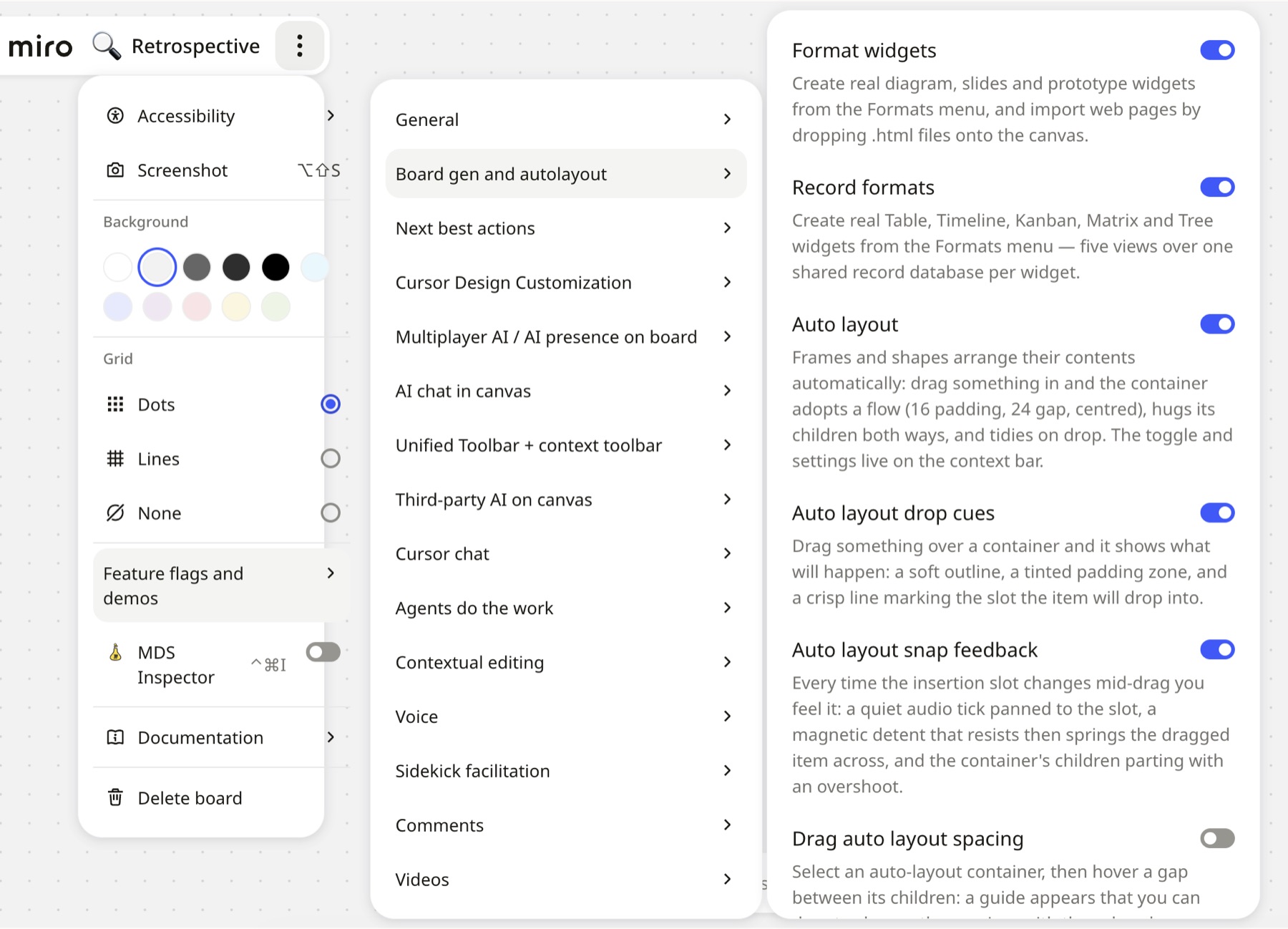 The experimental features menu, with several directions for one feature behind their own toggles